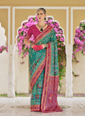 Monjolika Fashion Silk Foil Print Classic Saree In Turquoise | Grocsy