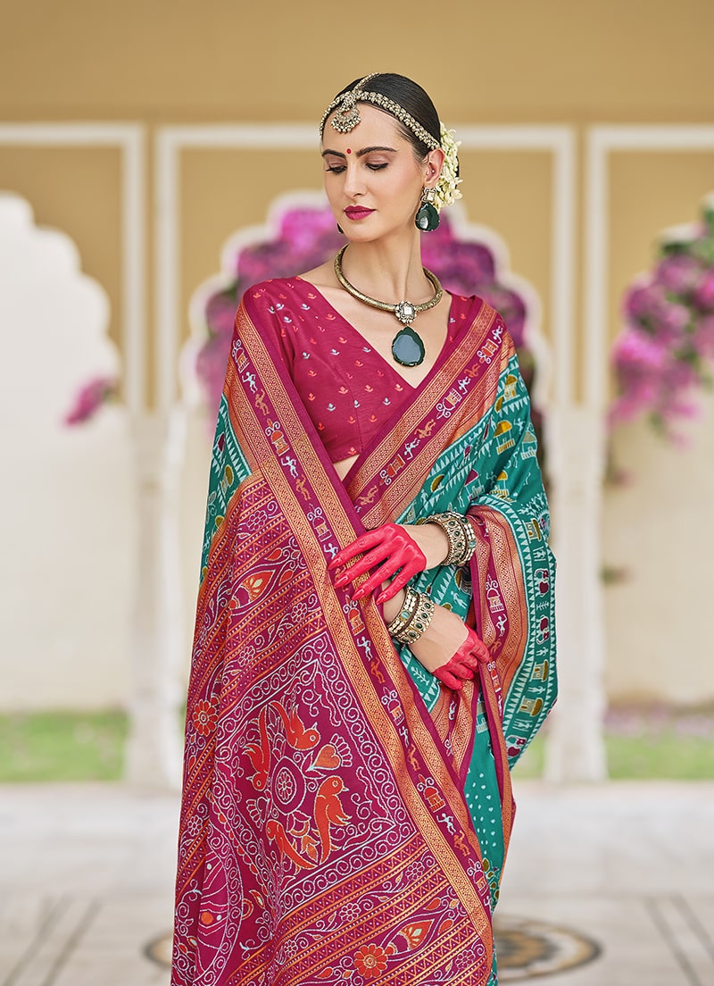 Monjolika Fashion Silk Foil Print Classic Saree In Turquoise | Grocsy