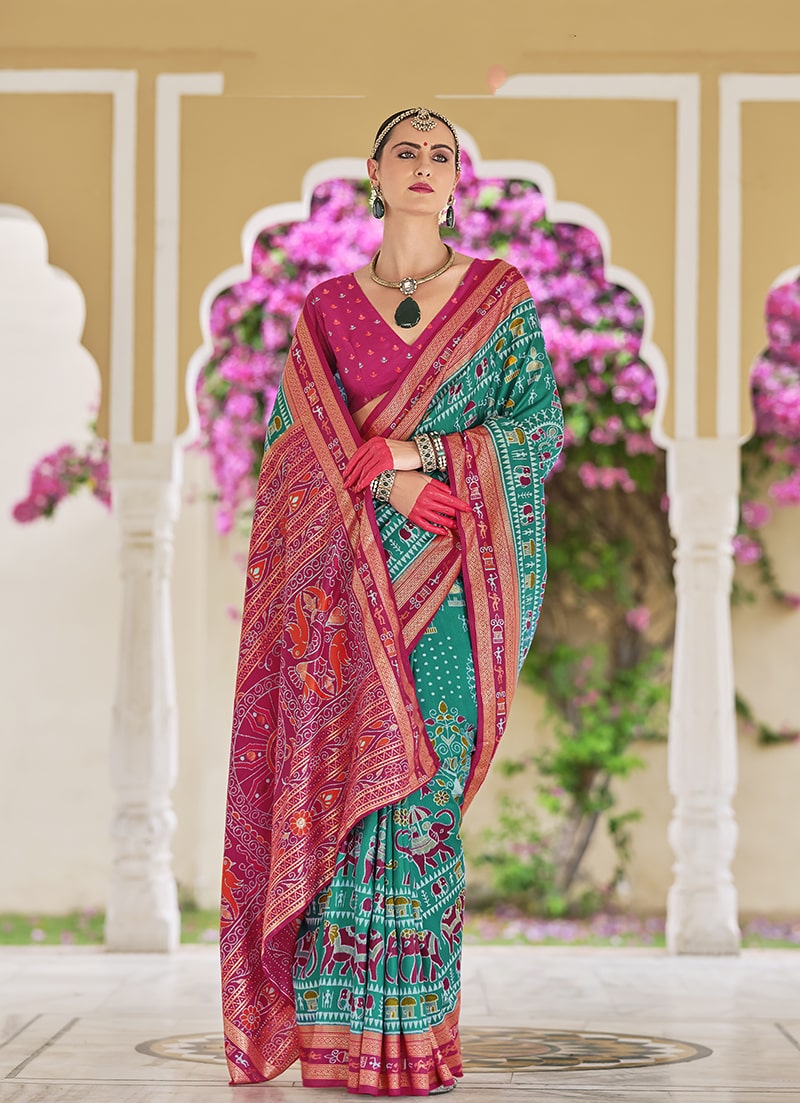 Monjolika Fashion Silk Foil Print Classic Saree In Turquoise | Grocsy