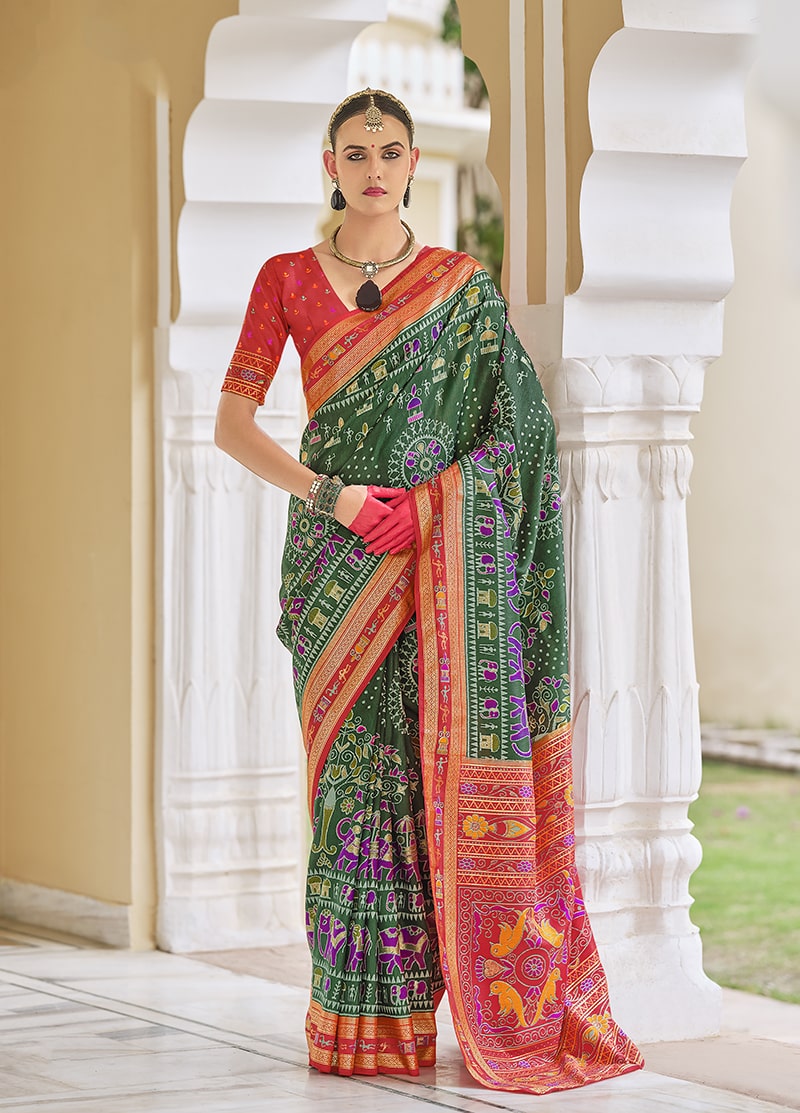 Monjolika Fashion Silk Foil Print Classic Saree In Green | Grocsy