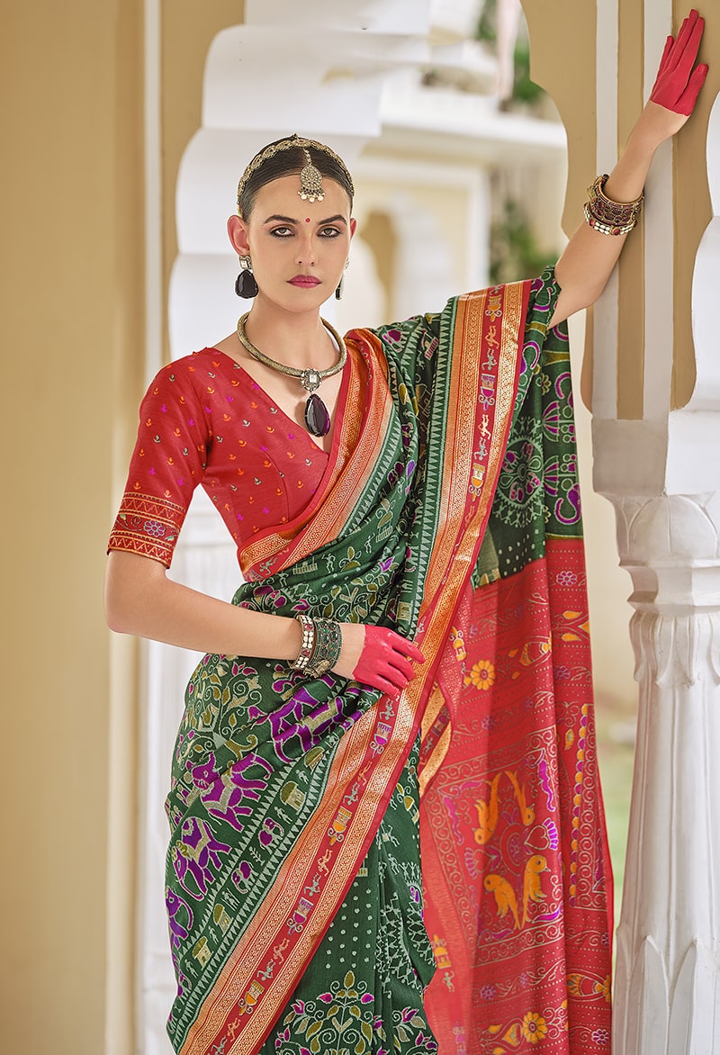 Monjolika Fashion Silk Foil Print Classic Saree In Green | Grocsy