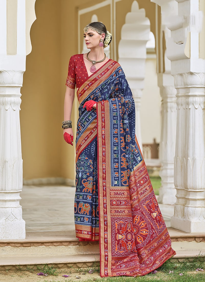 Monjolika Fashion Silk Foil Print Classic Saree In Navy Blue | Grocsy