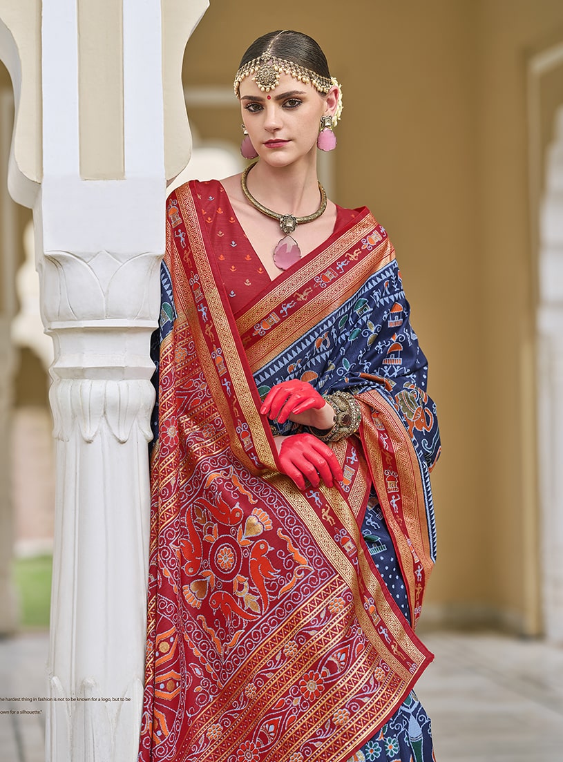 Monjolika Fashion Silk Foil Print Classic Saree In Navy Blue | Grocsy