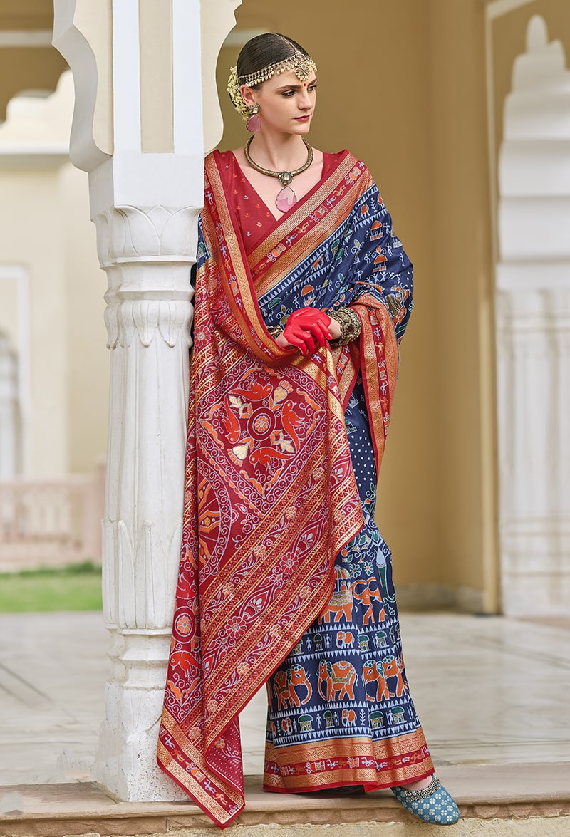 Monjolika Fashion Silk Foil Print Classic Saree In Navy Blue | Grocsy