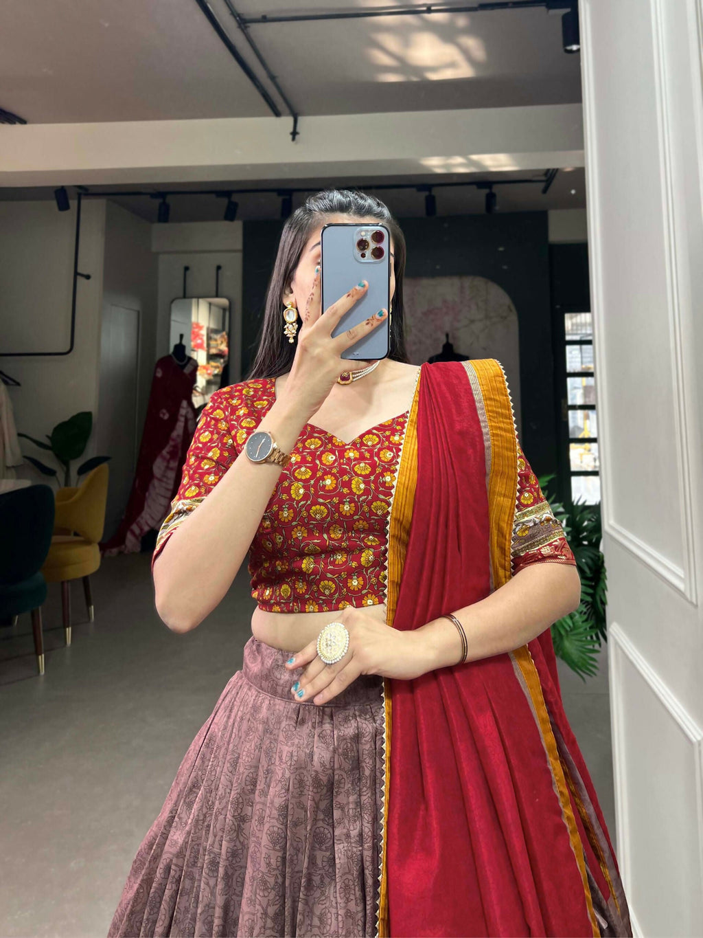 Vastranavya Kashmiri Print With Foil Print Lehenga with Unstitched Printed Blouse - Onion | Grocsy