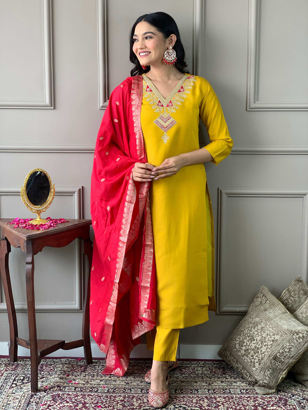 The52 Mustard Embroidered Chanderi Fabric Straight Kurta, Pant and Dupatta Set | Grocsy