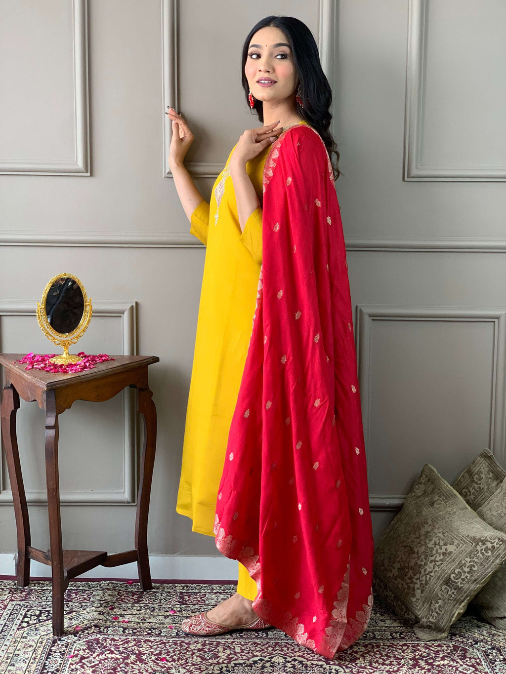 The52 Mustard Embroidered Chanderi Fabric Straight Kurta, Pant and Dupatta Set | Grocsy