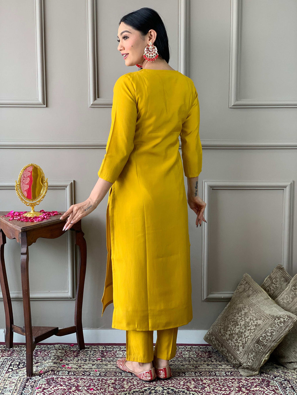 The52 Mustard Embroidered Chanderi Fabric Straight Kurta, Pant and Dupatta Set | Grocsy