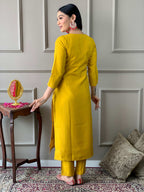 The52 Mustard Embroidered Chanderi Fabric Straight Kurta, Pant and Dupatta Set | Grocsy