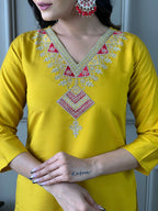The52 Mustard Embroidered Chanderi Fabric Straight Kurta, Pant and Dupatta Set | Grocsy