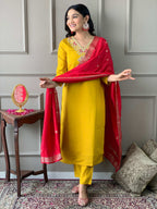 The52 Mustard Embroidered Chanderi Fabric Straight Kurta, Pant and Dupatta Set | Grocsy