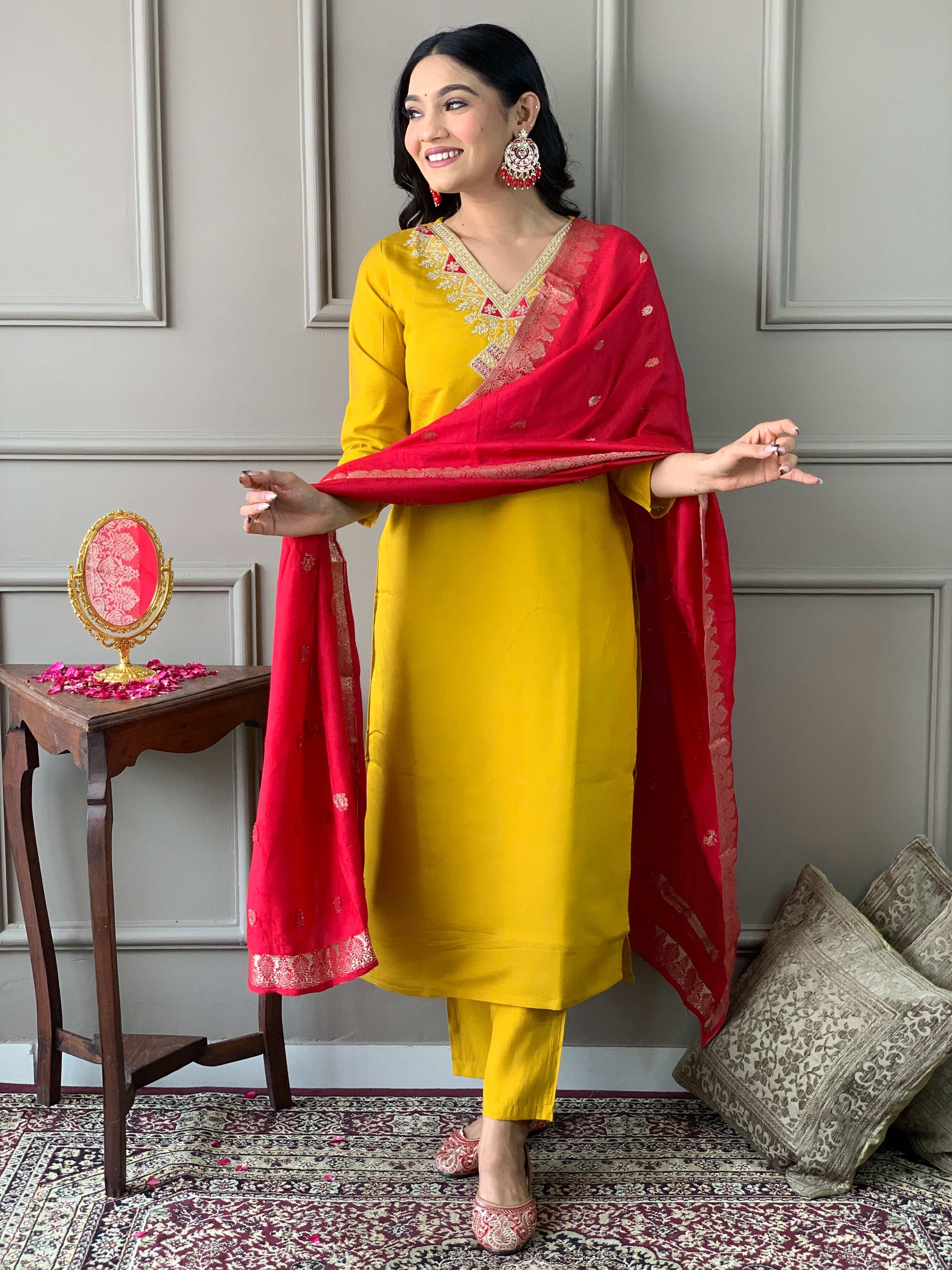 The52 Mustard Embroidered Chanderi Fabric Straight Kurta, Pant and Dupatta Set | Grocsy