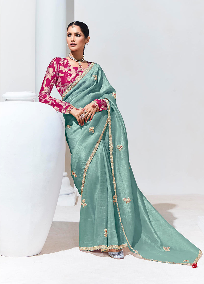 Monjolika Fashion Fancy Fabric Embroidered Aqua Blue Trendy Saree | Grocsy