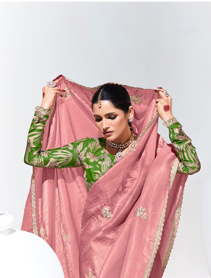 Monjolika Fashion Embroidered Pink and Rust Fancy Fabric Trendy Saree | Grocsy