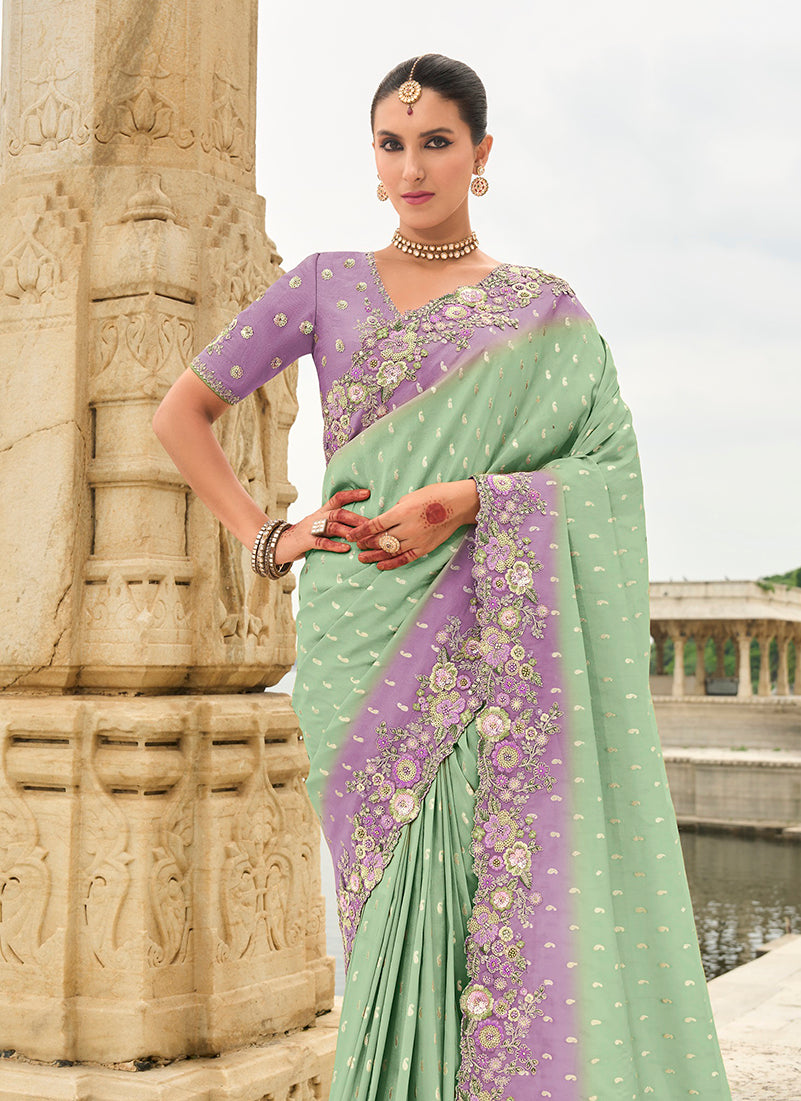 Monjolika Fashion Silk Blend Cutwork Sea Green Reception Classic Saree | Grocsy