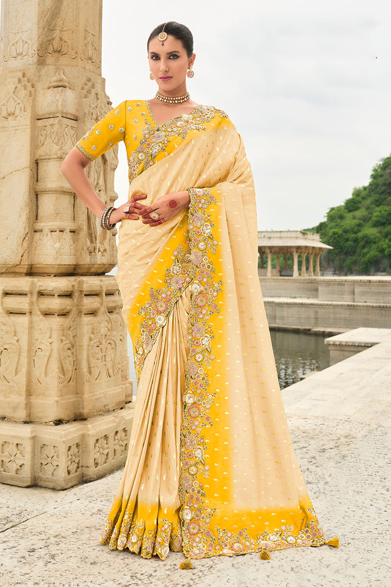 Monjolika Fashion Silk Blend Cutwork Contemporary Saree In Cream | Grocsy