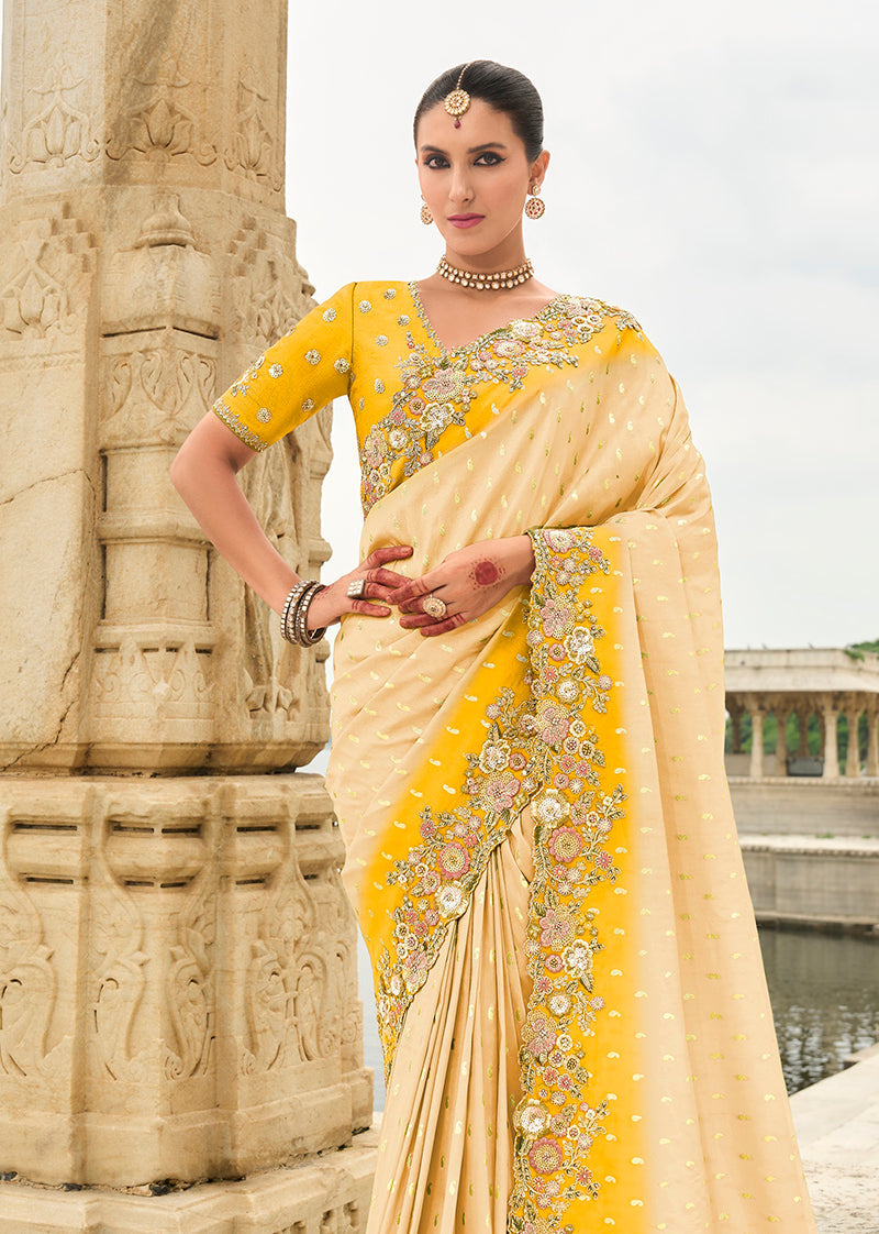 Monjolika Fashion Silk Blend Cutwork Contemporary Saree In Cream | Grocsy