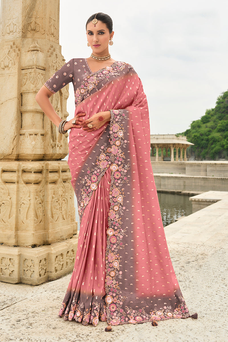 Monjolika Fashion Pink Stone Silk Blend Reception Traditional Saree | Grocsy