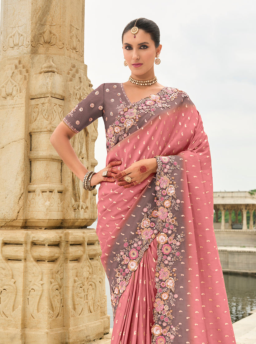 Monjolika Fashion Pink Stone Silk Blend Reception Traditional Saree | Grocsy