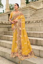 Monjolika Fashion Embroidered Silk Blend Yellow Trendy Saree | Grocsy