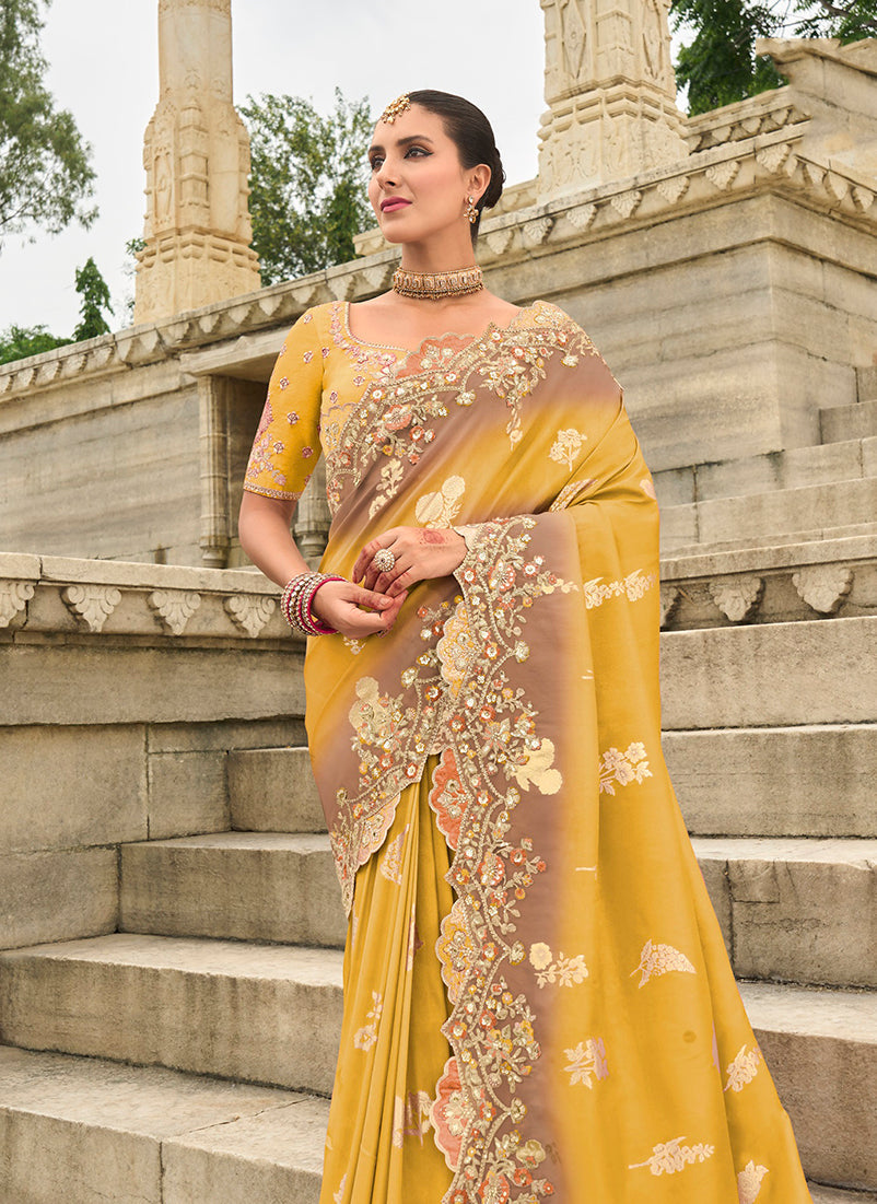 Monjolika Fashion Embroidered Silk Blend Yellow Trendy Saree | Grocsy