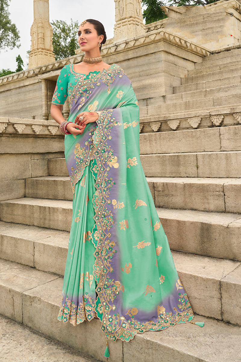 Monjolika Fashion Silk Blend Cut Work Classic Saree In Turquoise | Grocsy