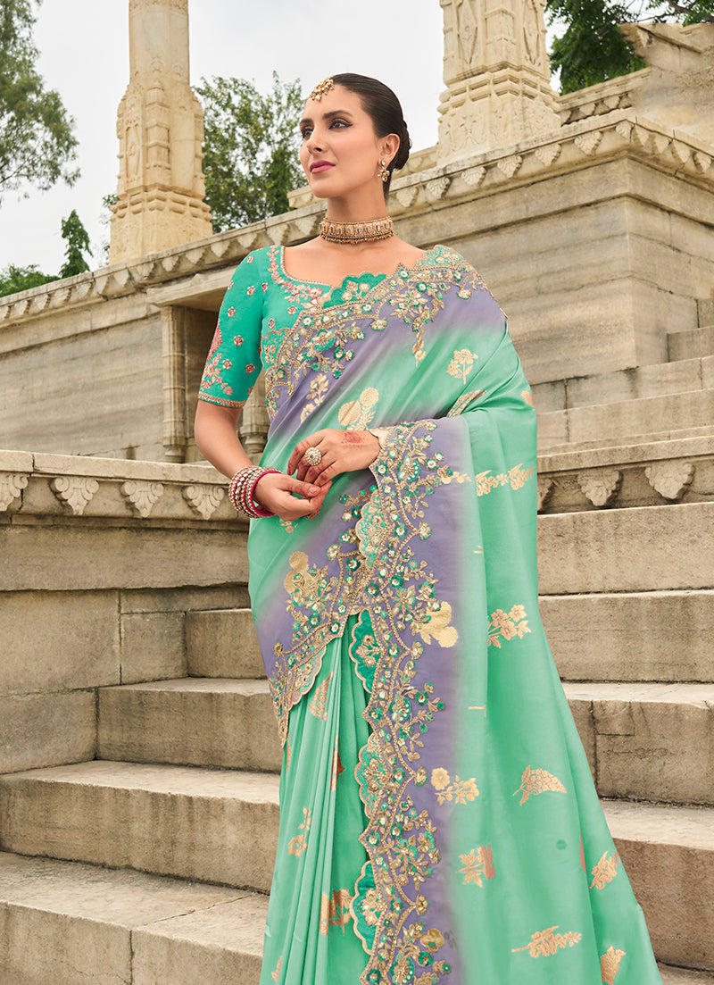 Monjolika Fashion Silk Blend Cut Work Classic Saree In Turquoise | Grocsy