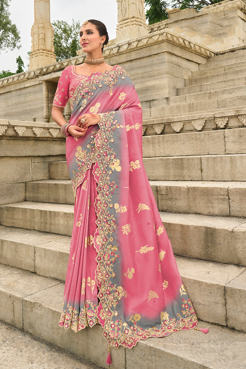 Monjolika Fashion Pink Embroidered Silk Blend Sangeet Contemporary Saree | Grocsy