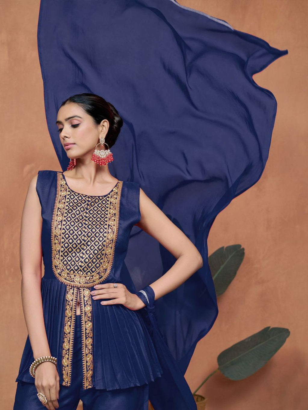 Sangria Chinnon Embroidered A-line Kurta Palazzo With Dupatta Set | Grocsy