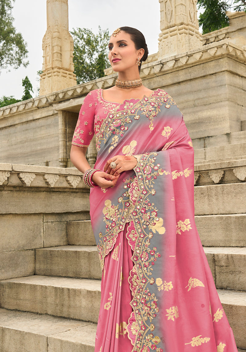 Monjolika Fashion Pink Embroidered Silk Blend Sangeet Contemporary Saree | Grocsy