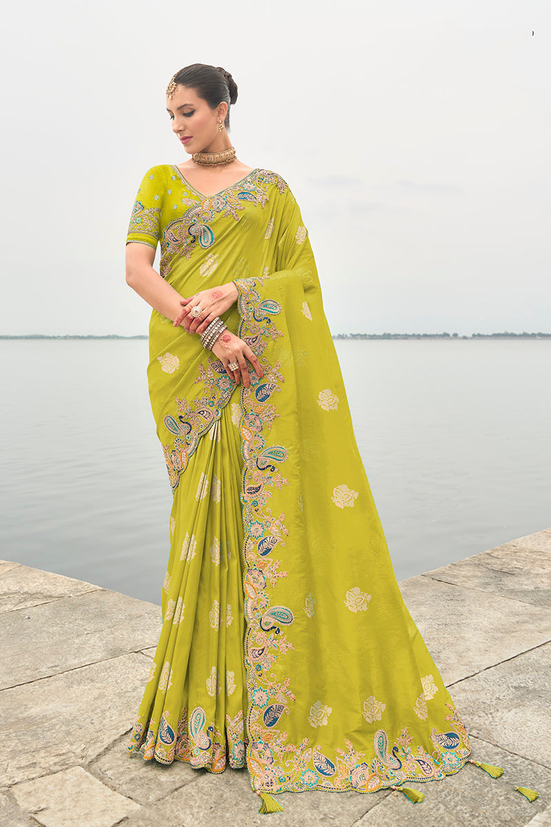 Monjolika Fashion Embroidered Silk Blend Green Designer Saree | Grocsy