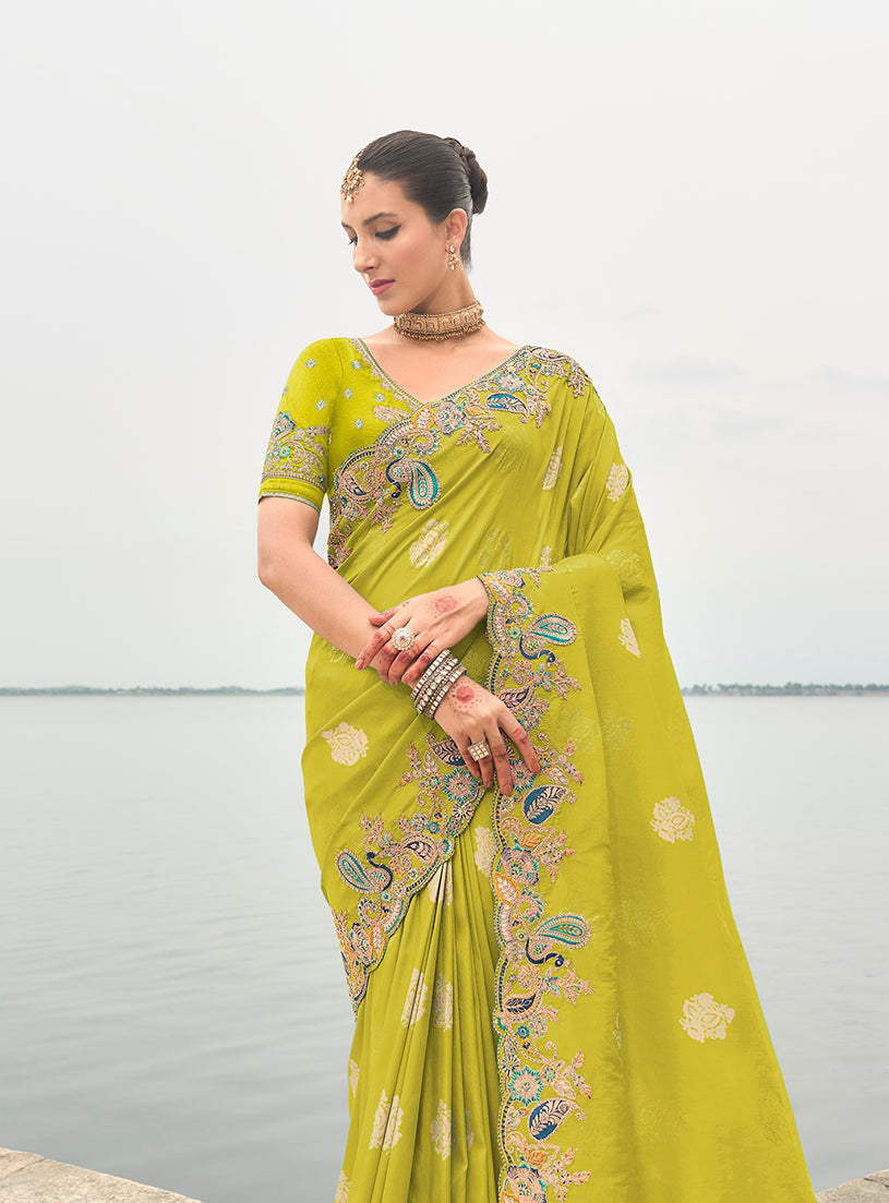 Monjolika Fashion Embroidered Silk Blend Green Designer Saree | Grocsy