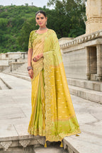 Monjolika Fashion Green And Yellow Stone Silk Blend Traditional Saree | Grocsy