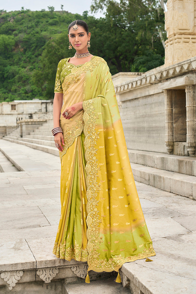 Monjolika Fashion Green And Yellow Stone Silk Blend Traditional Saree | Grocsy