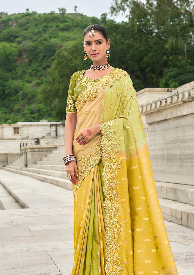 Monjolika Fashion Green And Yellow Stone Silk Blend Traditional Saree | Grocsy