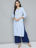 HERE&NOW Women Blue Ethnic Motifs Printed Embroidered Sequin Detail Kurta | Grocsy