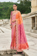Monjolika Fashion Silk Blend Pink And Orange Buttis Trendy Saree | Grocsy