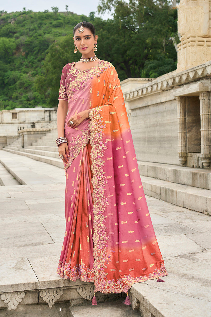 Monjolika Fashion Silk Blend Pink And Orange Buttis Trendy Saree | Grocsy