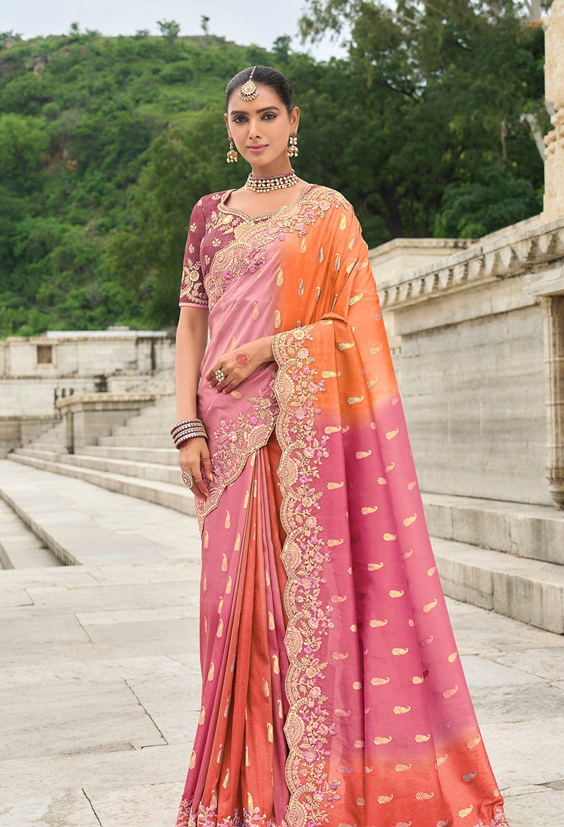 Monjolika Fashion Silk Blend Pink And Orange Buttis Trendy Saree | Grocsy