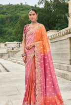 Monjolika Fashion Silk Blend Pink And Orange Buttis Trendy Saree | Grocsy