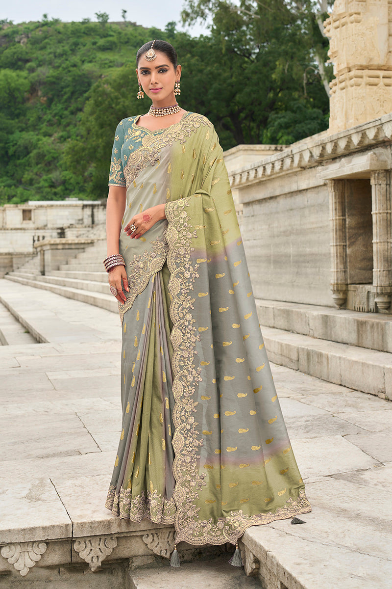 Monjolika Fashion Embroidered Green And Grey Silk Blend Wedding Classic Saree | Grocsy