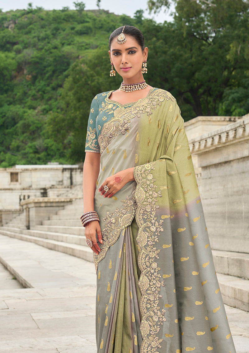 Monjolika Fashion Embroidered Green And Grey Silk Blend Wedding Classic Saree | Grocsy