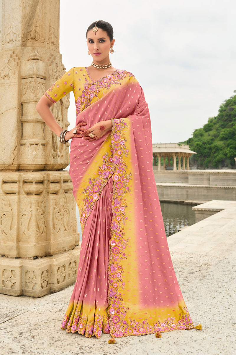 Monjolika Fashion Silk Blend Pink Embroidered Contemporary Saree | Grocsy