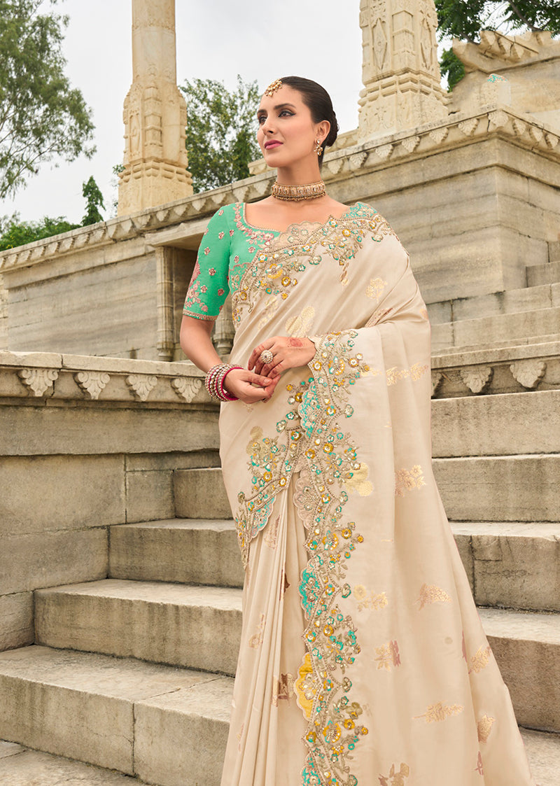 Monjolika Fashion Silk Blend Butta Off White Reception Traditional Saree | Grocsy