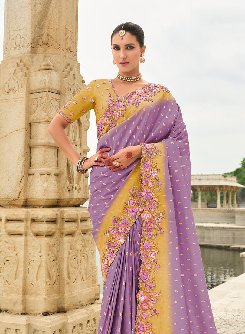 Monjolika Fashion Embroidered Silk Blend Lavender Trendy Saree | Grocsy