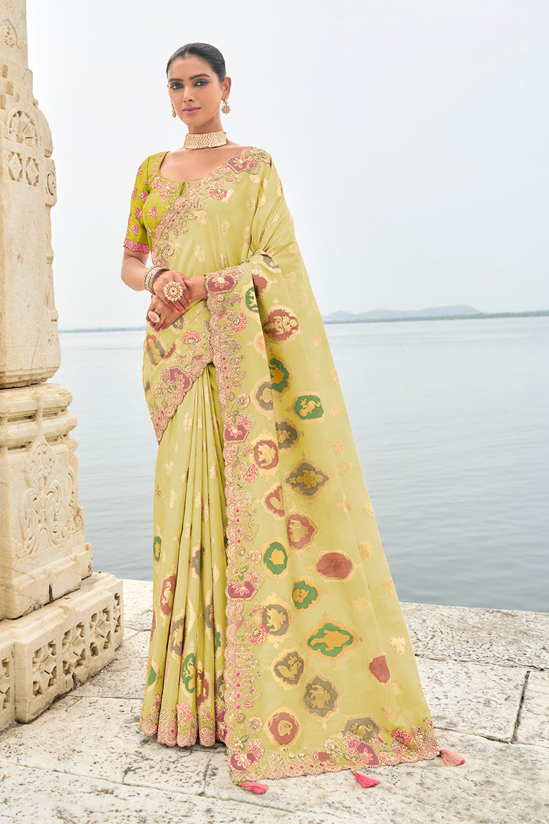 Monjolika Fashion Silk Blend Stone Green Classic Saree | Grocsy
