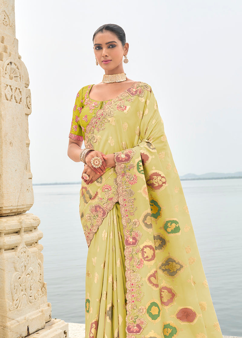 Monjolika Fashion Silk Blend Stone Green Classic Saree | Grocsy