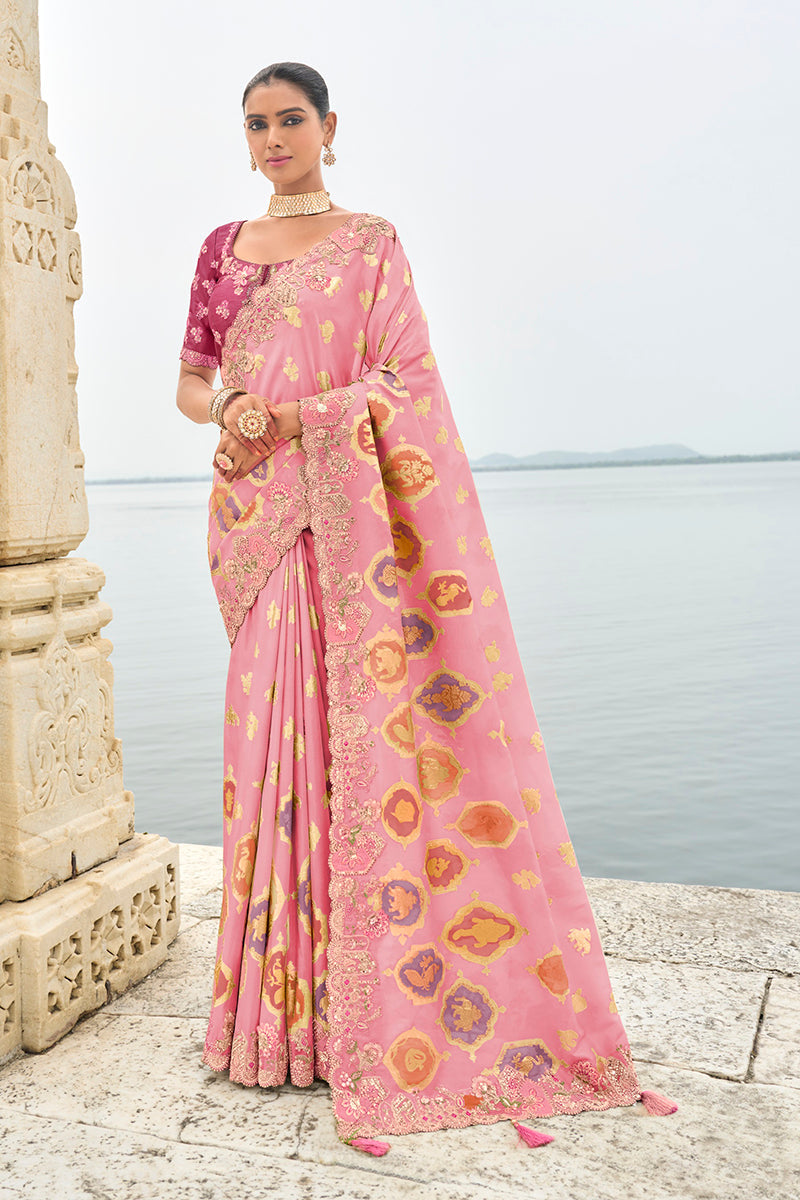 Monjolika Fashion Pink Cutwork Silk Blend Contemporary Saree | Grocsy