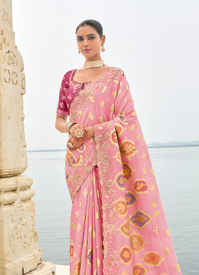 Monjolika Fashion Pink Cutwork Silk Blend Contemporary Saree | Grocsy