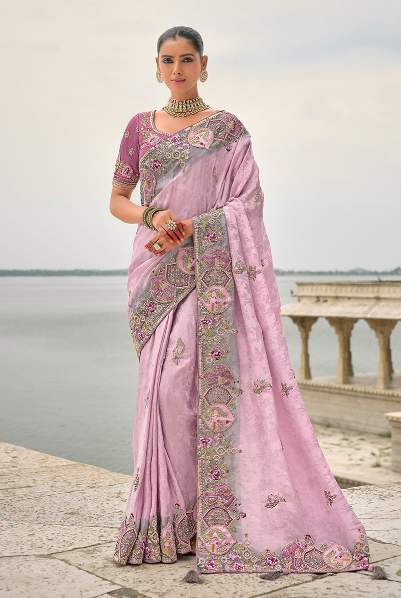 Monjolika Fashion Lavender Color Banarasi Silk Blend Embroidered With Heavy Patchwork Border Saree | Grocsy
